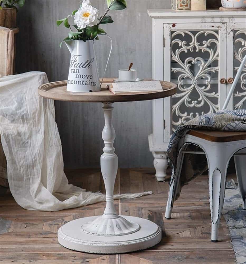 Vintage Round Side Table, Small Corner Table for Living Room Balcony, Coffee Table, Bedroom Bedside Table, End Table with Wrought Iron Bracket and Wooden Table Top(White)
