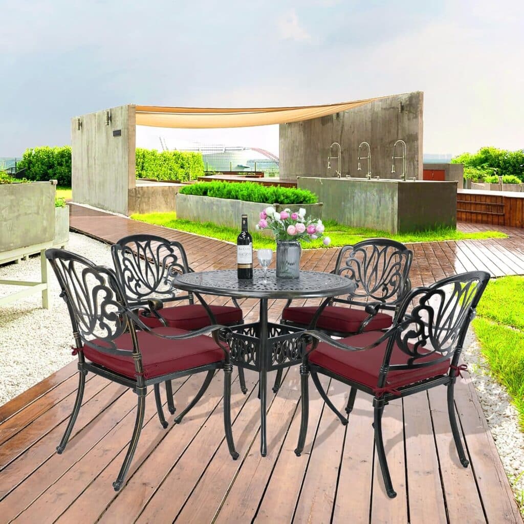 VIVIJASON 5-Piece Patio Furniture Dining Set, All-Weather White Cast Aluminum Outdoor Conversation Set, Include 4 Cushioned Chairs and a 35.4 Round Table w/Umbrella Hole for Balcony Lawn Garden