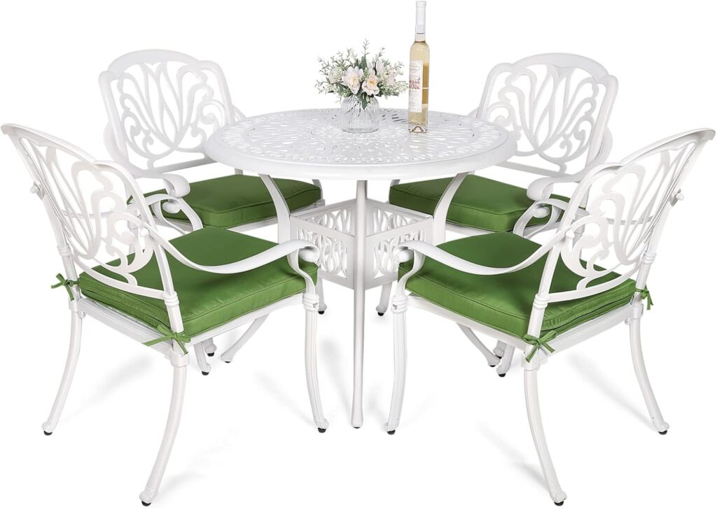 VIVIJASON 5-Piece Patio Furniture Dining Set, All-Weather White Cast Aluminum Outdoor Conversation Set, Include 4 Cushioned Chairs and a 35.4 Round Table w/Umbrella Hole for Balcony Lawn Garden