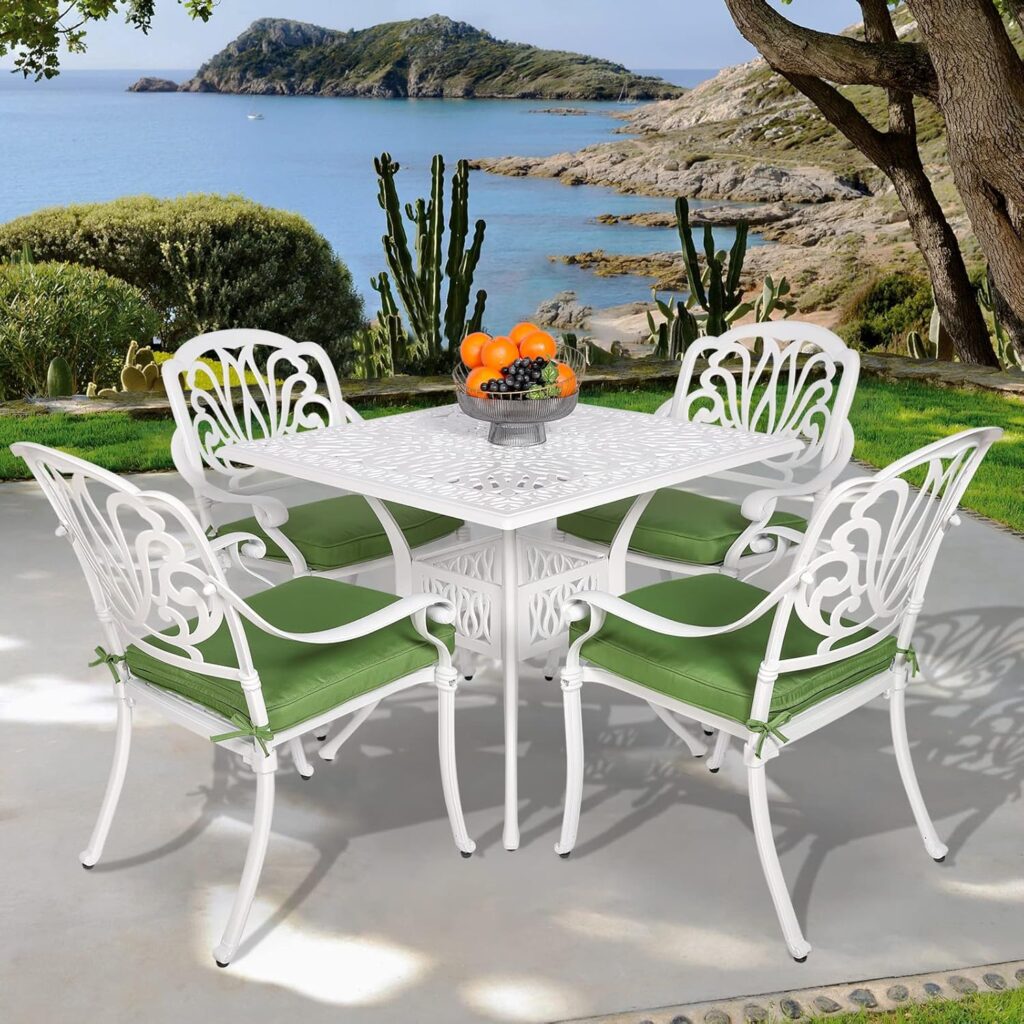 VIVIJASON 5-Piece Patio Furniture Dining Set, All-Weather White Cast Aluminum Outdoor Conversation Set, Include 4 Cushioned Chairs and a 35.4 Round Table w/Umbrella Hole for Balcony Lawn Garden