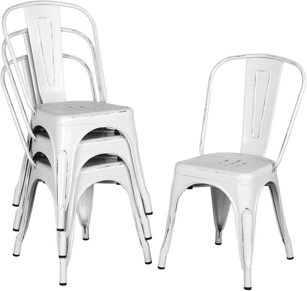 Yaheetech Metal Dining Chairs Indoor/Outdoor Coffee Kitchen Chairs Stackable Chic Dining Bistro Cafe Side Chairs Set of 4, Distressed White