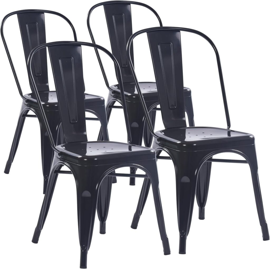 YOUNIKE Metal Dining Chairs Set of 4 Iron Stackable Removable Back Cafe Side Patio Chairs Rubber Feet Stylish Modern Indoor Outdoor Classic Chic Industrial Vintage Bistro Kitchen Bright Black