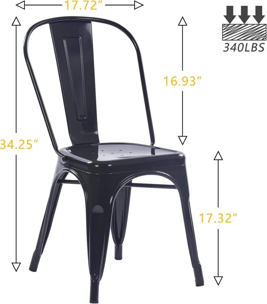 YOUNIKE Metal Dining Chairs Set of 4 Iron Stackable Removable Back Cafe Side Patio Chairs Rubber Feet Stylish Modern Indoor Outdoor Classic Chic Industrial Vintage Bistro Kitchen Bright Black