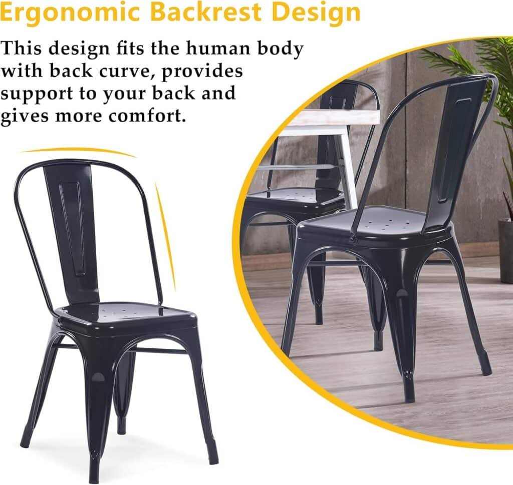 YOUNIKE Metal Dining Chairs Set of 4 Iron Stackable Removable Back Cafe Side Patio Chairs Rubber Feet Stylish Modern Indoor Outdoor Classic Chic Industrial Vintage Bistro Kitchen Bright Black