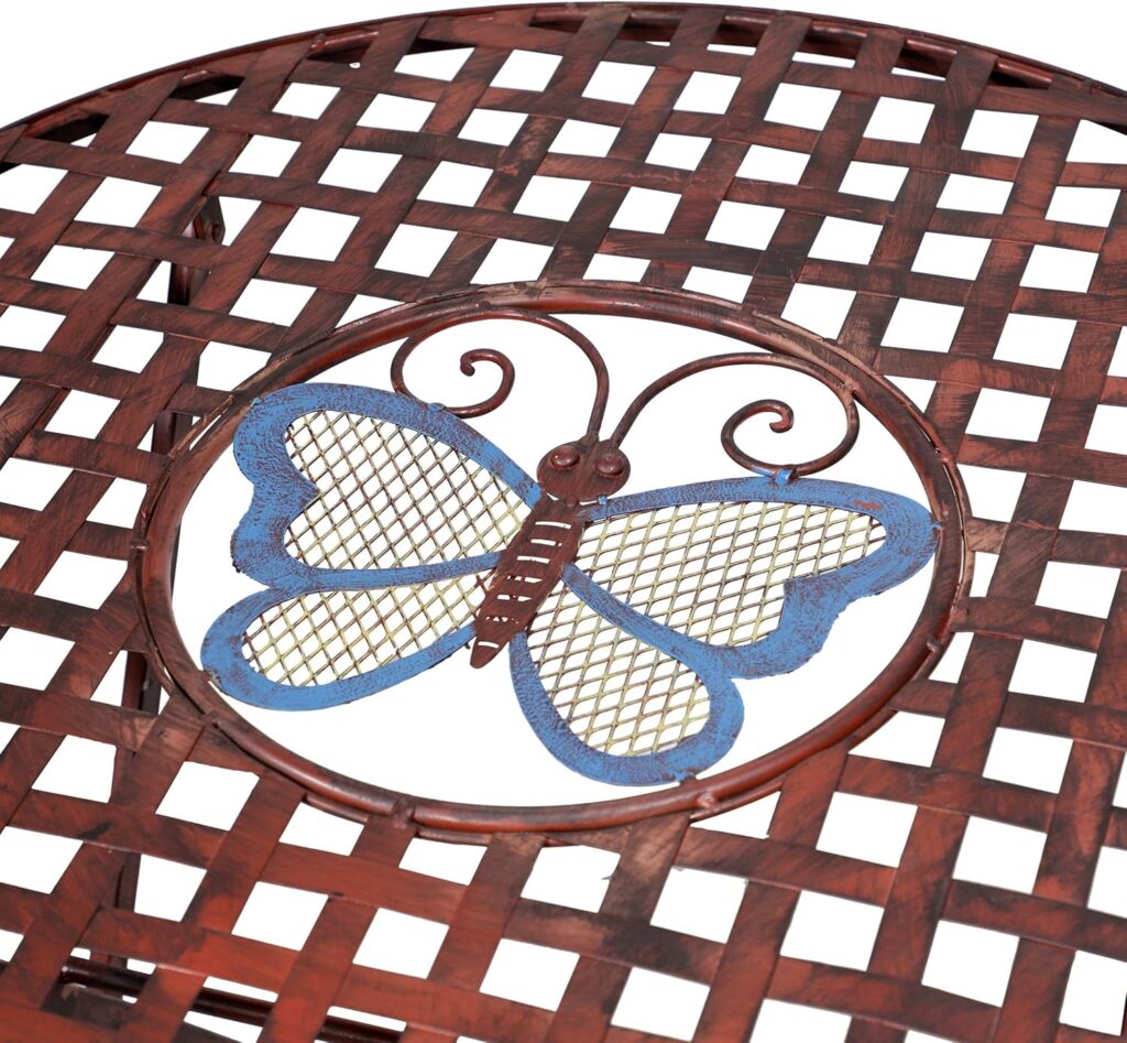 Alpine Corporation Indoor/Outdoor 3-Piece Peacock Feather Rustic Metal Bistro Set Patio Seating, Light Blue