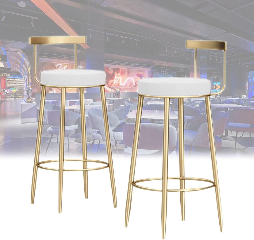 Bar Stools Iron Bar Stool with Back White Leather Mat and Wrought Iron Scaffolding for Counter, Kitchen Breakfast Bar 2 Pcs Set