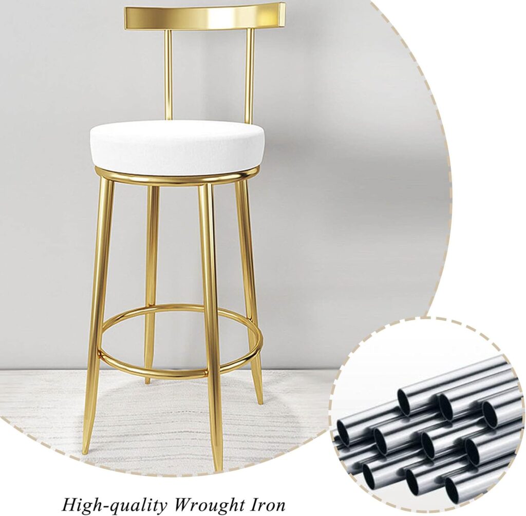 Bar Stools Iron Bar Stool with Back White Leather Mat and Wrought Iron Scaffolding for Counter, Kitchen Breakfast Bar 2 Pcs Set