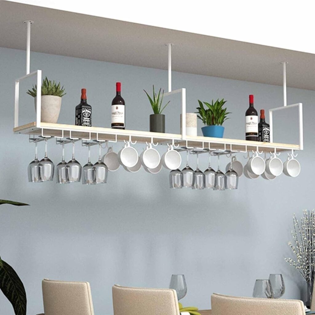 Hanging Wine Rack - Ceiling Mounted Wine Glass Holder, Wall Mounted Solid Wood Wine Glass Holder/Shelf, DIY Wrought Iron Glass Holder/Storage Holder, Indoor Decorative Inverted Wine Glass Ho