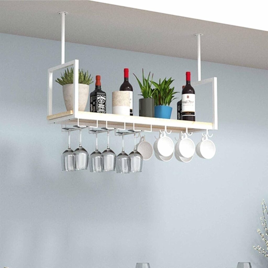 Hanging Wine Rack - Ceiling Mounted Wine Glass Holder, Wall Mounted Solid Wood Wine Glass Holder/Shelf, DIY Wrought Iron Glass Holder/Storage Holder, Indoor Decorative Inverted Wine Glass Ho