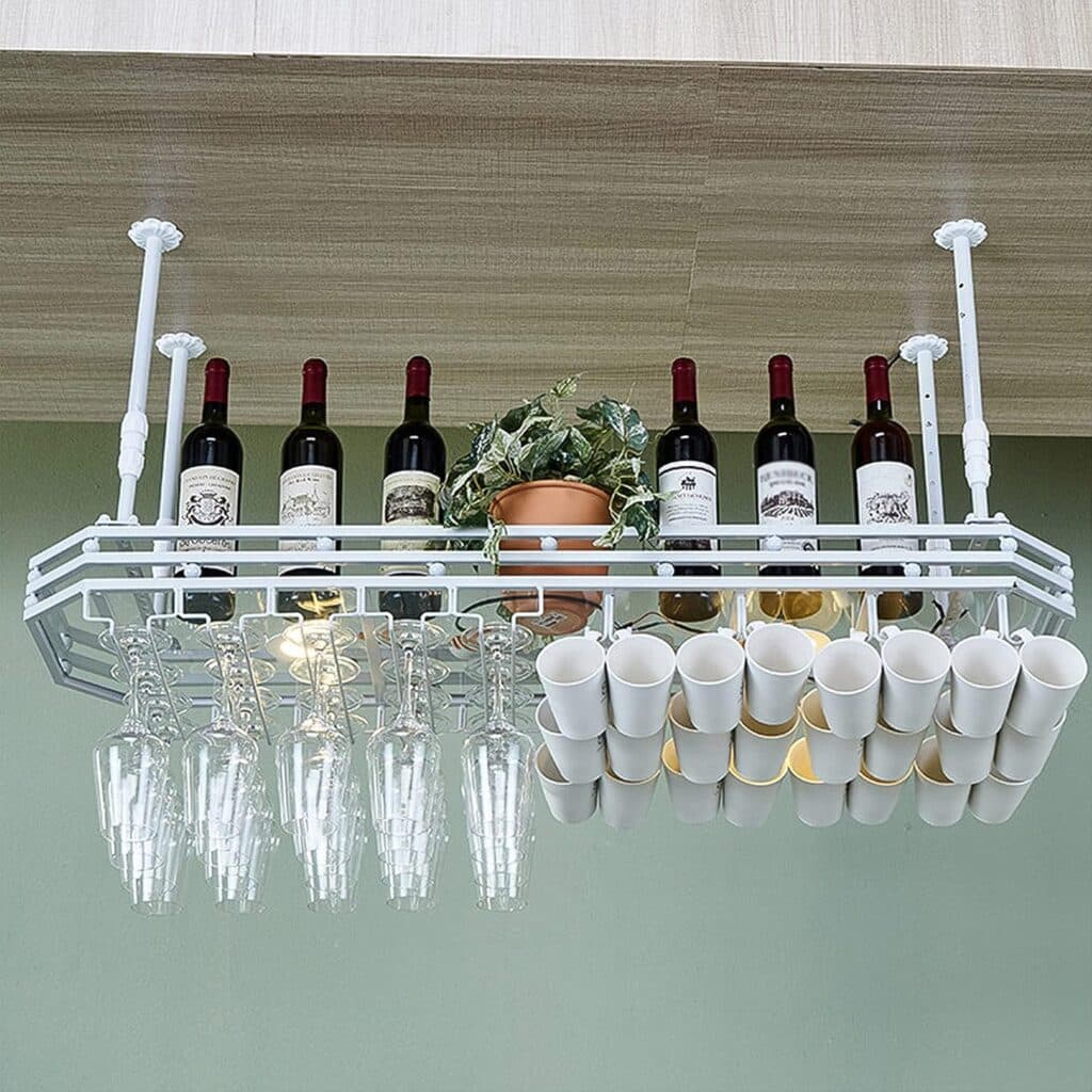 Hanging Wrought Iron Wine Rack | Modern Minimalist Style | Adjustable Metal Ceiling Wine Glass Holder | Kitchen Restaurant Bar Decoration | Length 80/100/120cm (White)