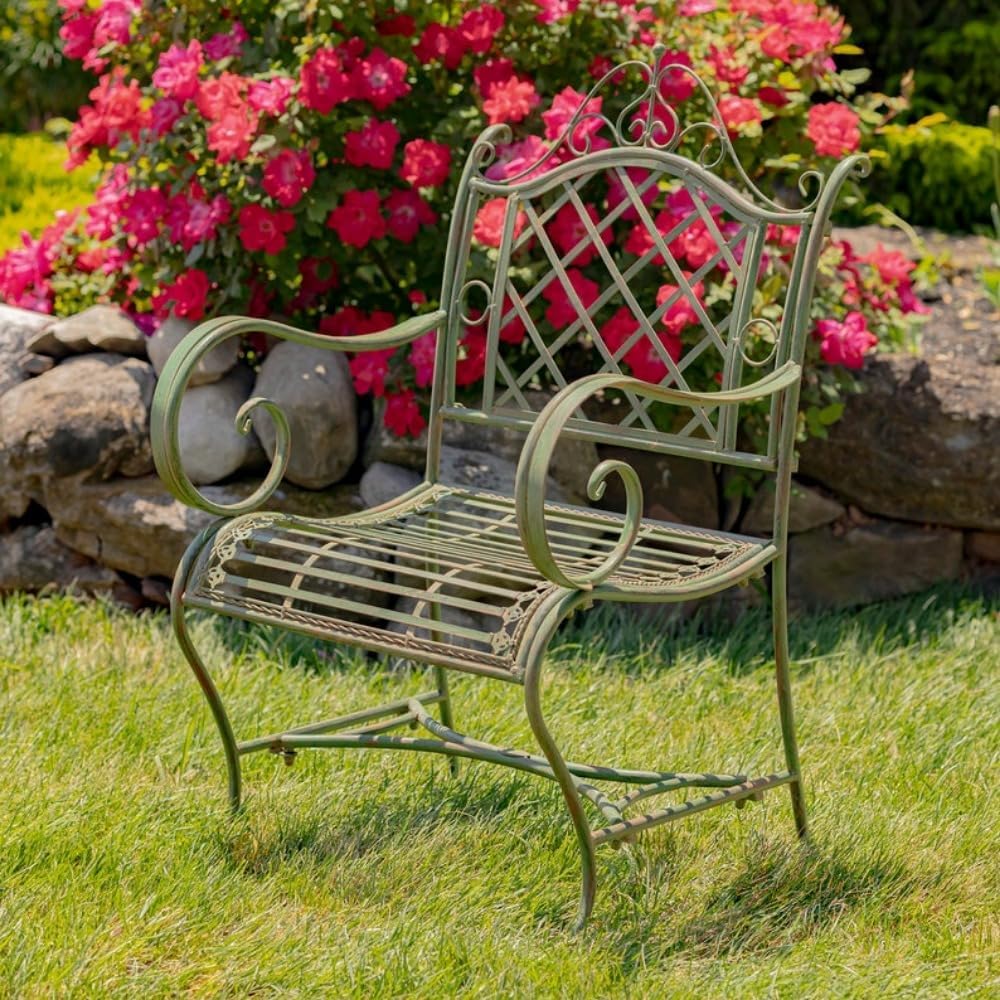 Iron Garden Armchair, Bistro Table and Chairs, Wrought Iron Patio Furniture, Iron Patio Furniture, 21 W x 39 H x 25 D, Garden Table and Chairs for Livingroom Patio Garden (Antique Green)