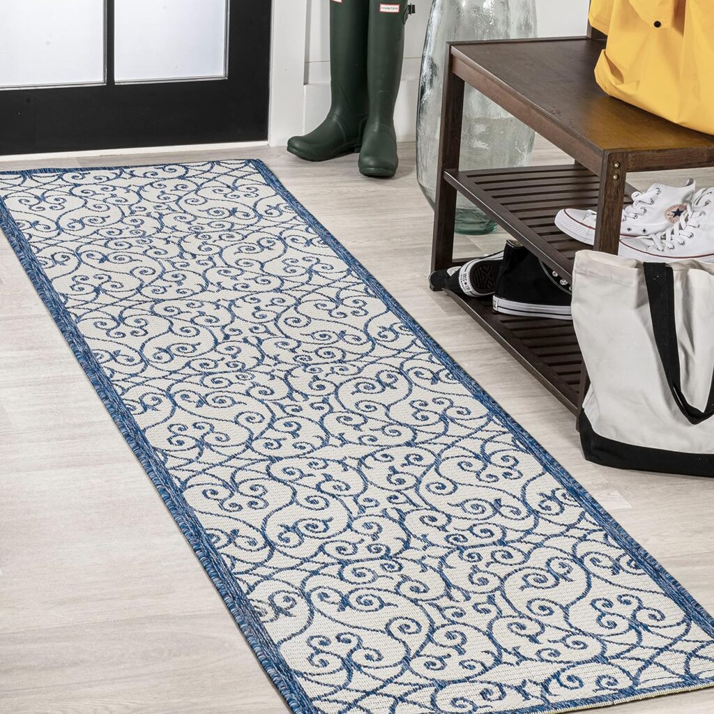 JONATHAN Y SMB107A-220 Madrid Vintage Filigree Textured Weave Indoor/Outdoor Runner Rug, Classic, Traditional, Coastal for Bedroom, Kitchen, Living Room, Easy-Cleaning, Black/Khaki, 2 ft. x 20 ft.