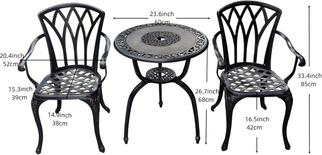 KAILI 3 Piece Bistro Table Set Cast Aluminum Outdoor Patio Furniture with Chair with armrests (Bronzed)