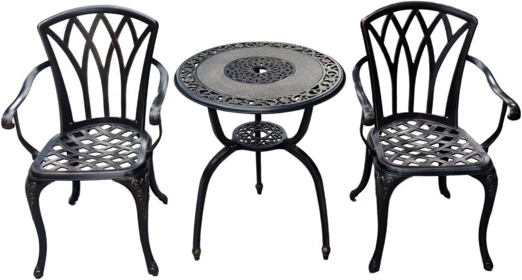 KAILI 3 Piece Bistro Table Set Cast Aluminum Outdoor Patio Furniture with Chair with armrests (Bronzed)