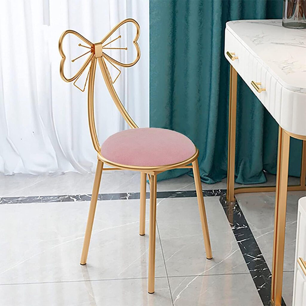 Makeup Vanity Girl Chairs Stool for Bedroom with Bow Knot Backrest,Side Table Seat Dressing Chair with Golden Metal Leg,Velvet Cushion for Girl Daughter Room