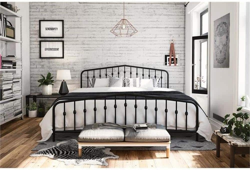 Novogratz Bushwick Modern Metal Bed, Slightly Triangular Headboard and Footboard with Inset Spindles, Adjustable Base Height for Underbed Storage, Requires No Box Spring, King Size - Black