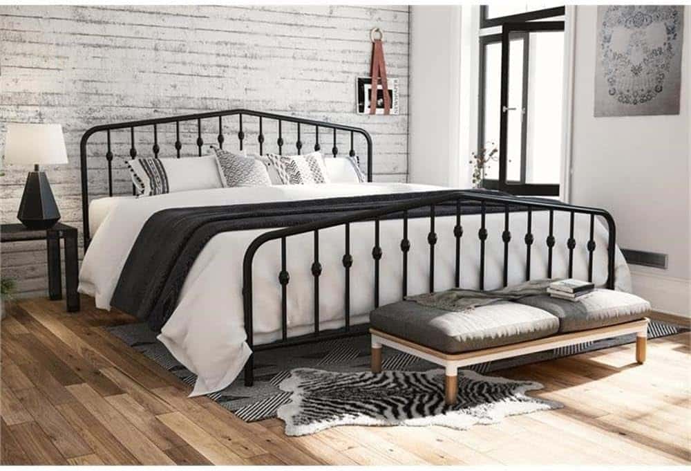 Novogratz Bushwick Modern Metal Bed, Slightly Triangular Headboard and Footboard with Inset Spindles, Adjustable Base Height for Underbed Storage, Requires No Box Spring, King Size - Black