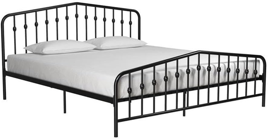 Novogratz Bushwick Modern Metal Bed, Slightly Triangular Headboard and Footboard with Inset Spindles, Adjustable Base Height for Underbed Storage, Requires No Box Spring, King Size - Black