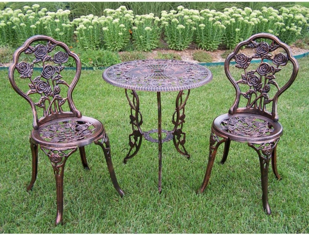 Oakland Living Cast Aluminum Conversation Set Metal Antique Green 3 Piece Patio Rose Bistro Set