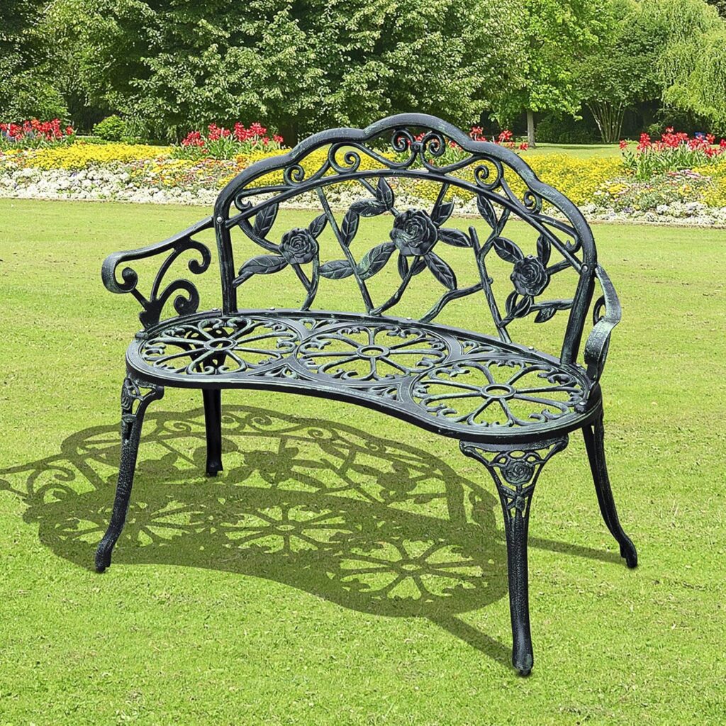 Outsunny Outdoor Bench, Cast Aluminum Outdoor Furniture, Metal Bench with Floral Rose Accent  Antique Finish, Green