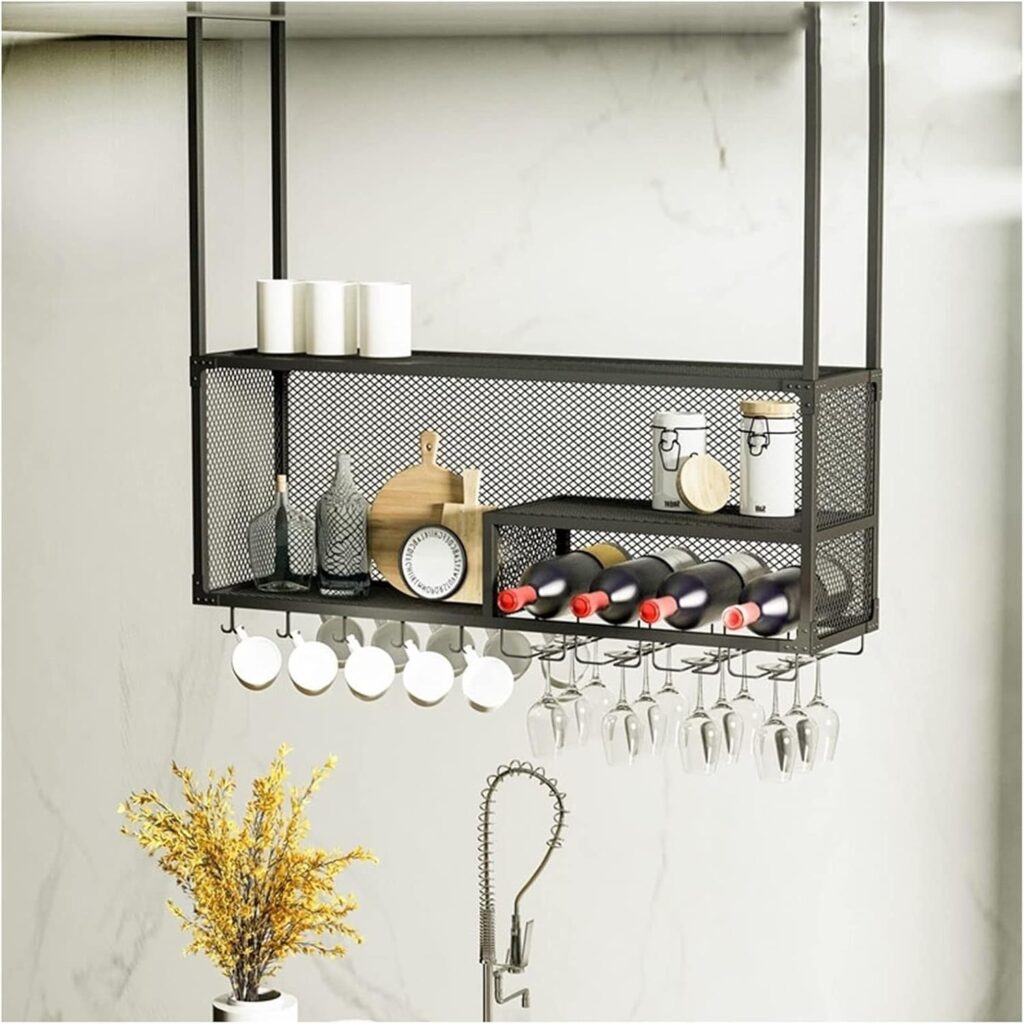 Qunine Bar Hanger, Wrought Iron Hanging Wine Rack, Three-Tier Ceiling Rack, Suitable for Home, Bar, Cafe Hanging Wine Glass Rack Hanging Cabinet (Color : White, Size : 60X30X45CM) (Black