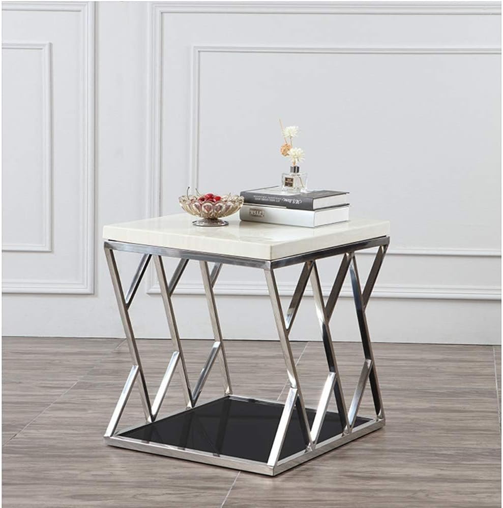 Stainless Steel Marble Corner Table, Square Fashion Simple Small Coffee Table Wrought Iron Small Apartment Coffee Table Living Room Coffee Table,White