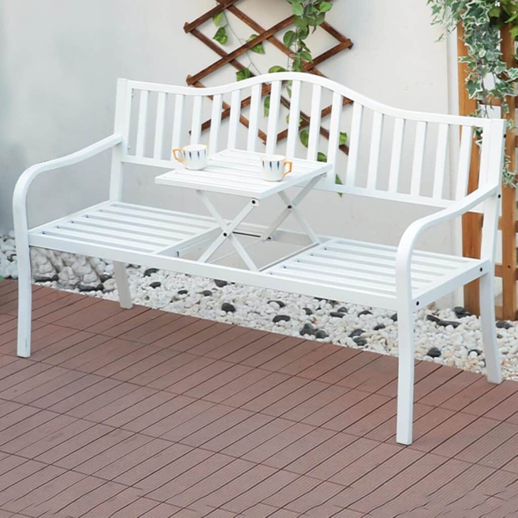 YVYKFZD Modern Garden Bench, Wrought Iron Patio Bench Seat, Backless Outdoor Bench Chair, Durable and Comfortable Design, Easy to Assemble, for Poolside, Lawn (Color : White)