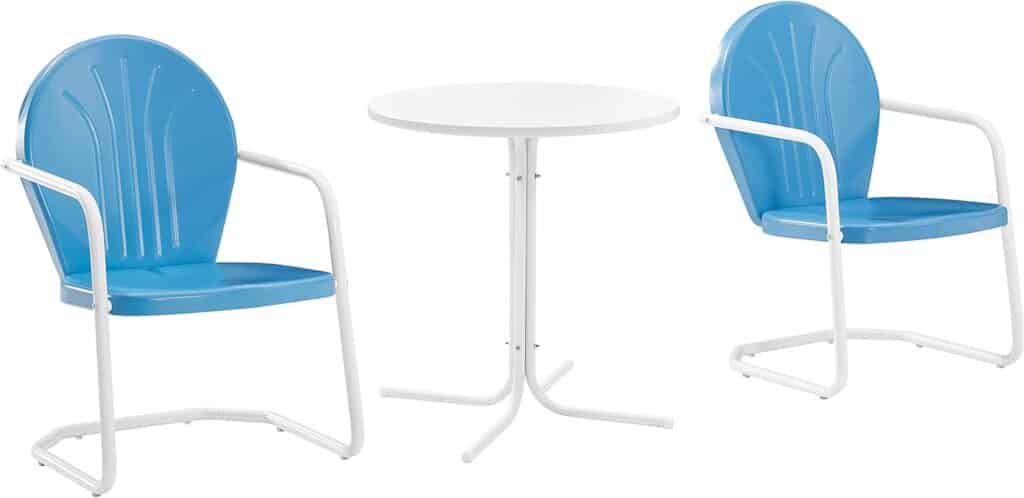 Crosley Furniture Griffith 3-Piece Outdoor Bistro Set, Retro Metal Patio Table and Chairs for Dining, Porch, Sky Blue Gloss and White Satin