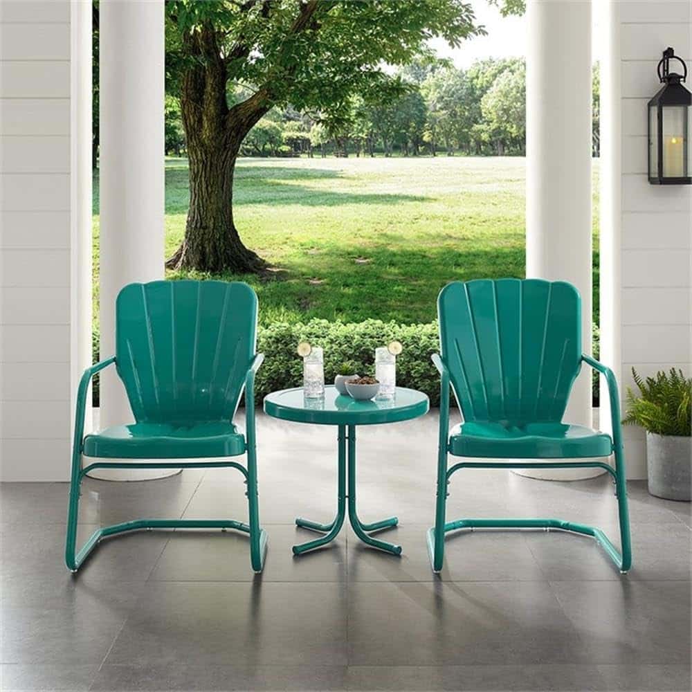 Crosley Furniture Ridgeland 3-Piece Outdoor Chair and Side Table Set, Retro Metal Bistro Patio Sets for Deck, Turquoise