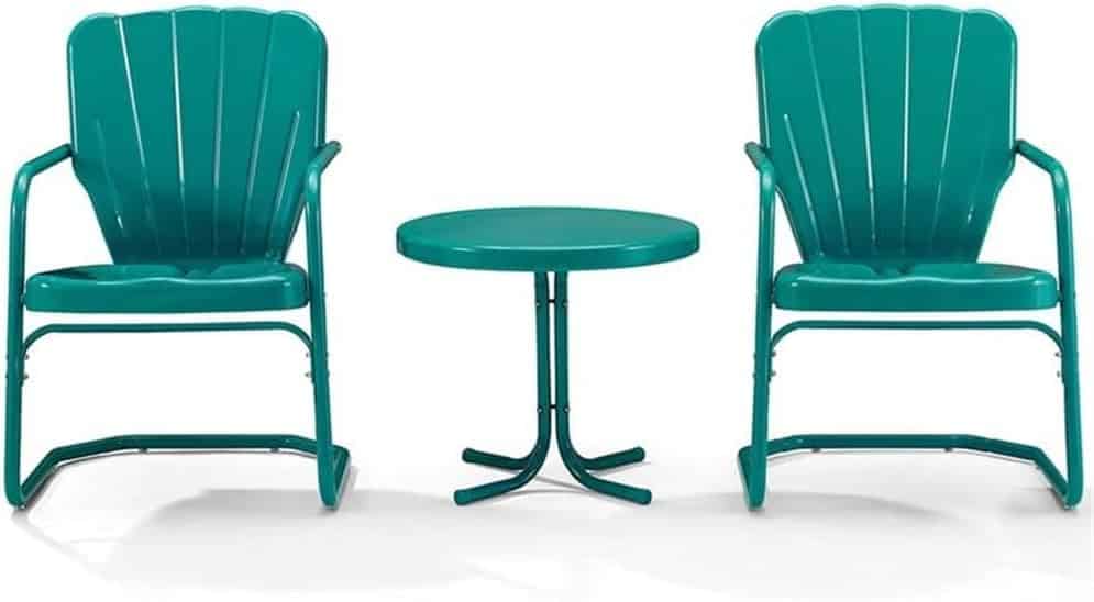 Crosley Furniture Ridgeland 3-Piece Outdoor Chair and Side Table Set, Retro Metal Bistro Patio Sets for Deck, Turquoise