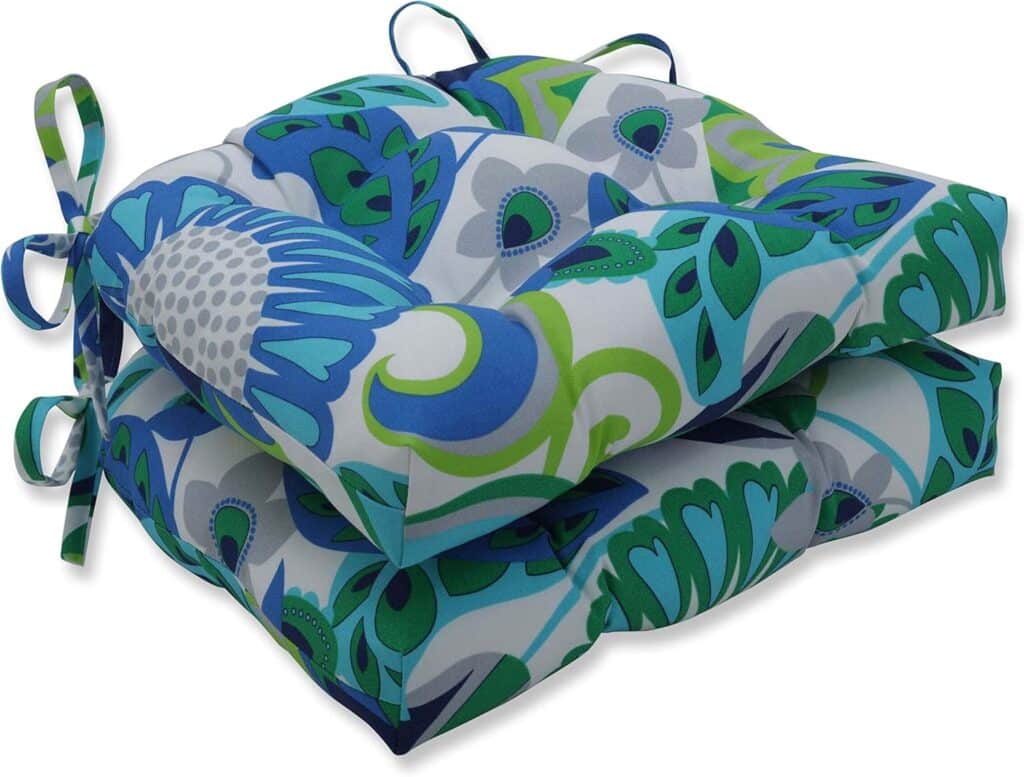 Pillow Perfect Tropic Floral Indoor/Outdoor Chairpad with Ties, Reversible, Tufted, Weather, and Fade Resistant, 15.5 x 16, Blue/Green Botanical Glow, 2 Count