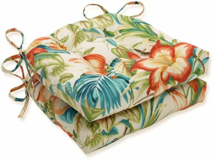 Pillow Perfect Tropic Floral Indoor/Outdoor Chairpad with Ties, Reversible, Tufted, Weather, and Fade Resistant, 15.5 x 16, Blue/Green Botanical Glow, 2 Count