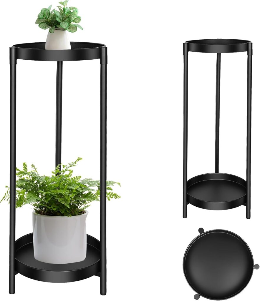 Plant Stand Indoor Outdoor , Black 2 Tier 24 Tall Robust Flower Pot Stand Heavy Duty Metal Plant Shelf , Rustproof Iron Round Supports Rack for Planter Corners Gardens Balconies Patios