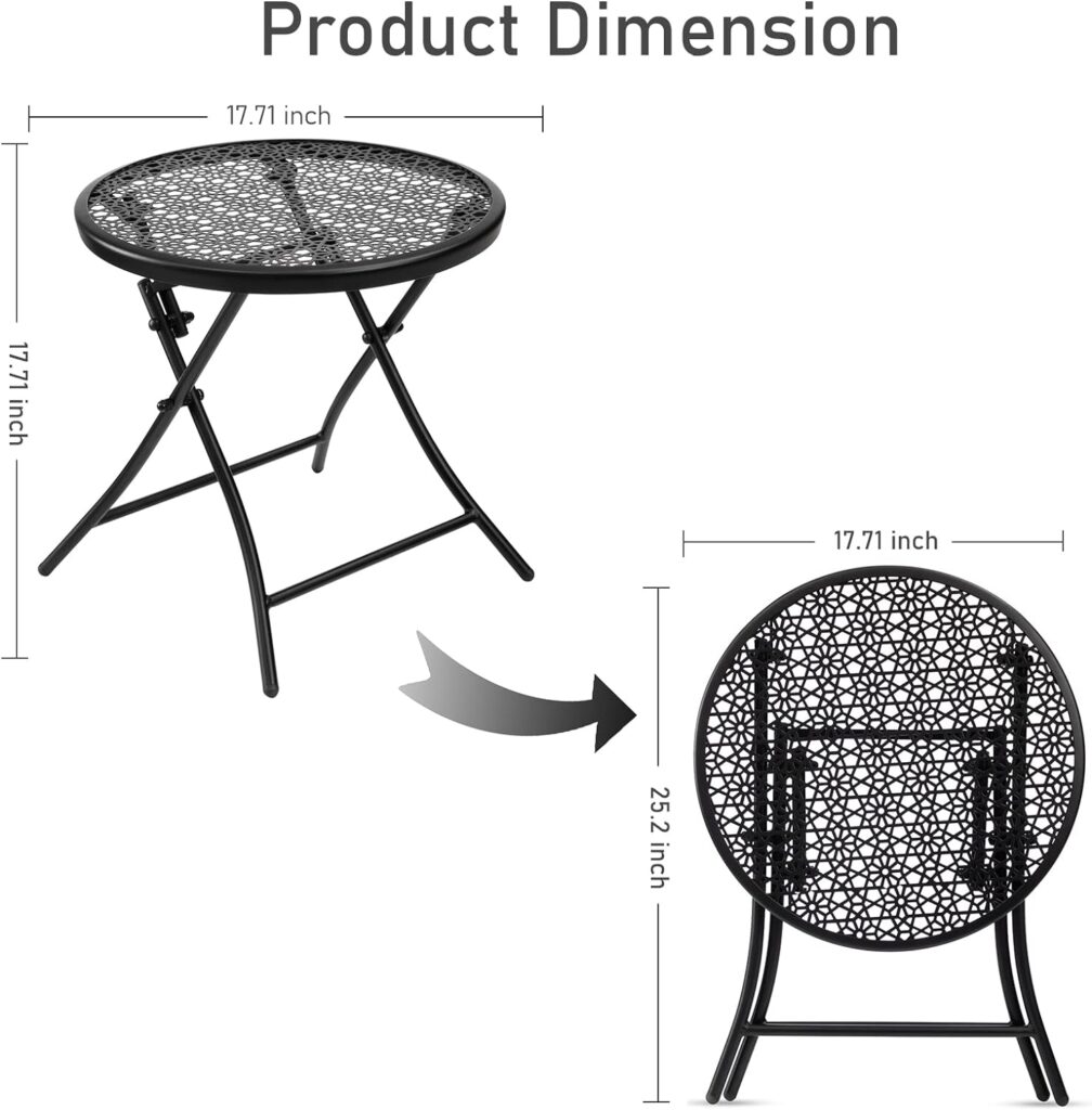 TeoKJ Folding Outdoor Side Tables, Anti Rust Small Patio Table Round Metal End Table with Flower Cutouts for Porch Yard Balcony Deck Lawn, Black