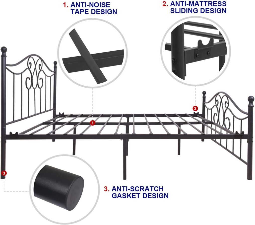 TUSEER Metal Bed Frame Queen Size with Vintage Headboard and Footboard Platform Base Wrought Iron Bed Frame (Queen,Antique Brown)