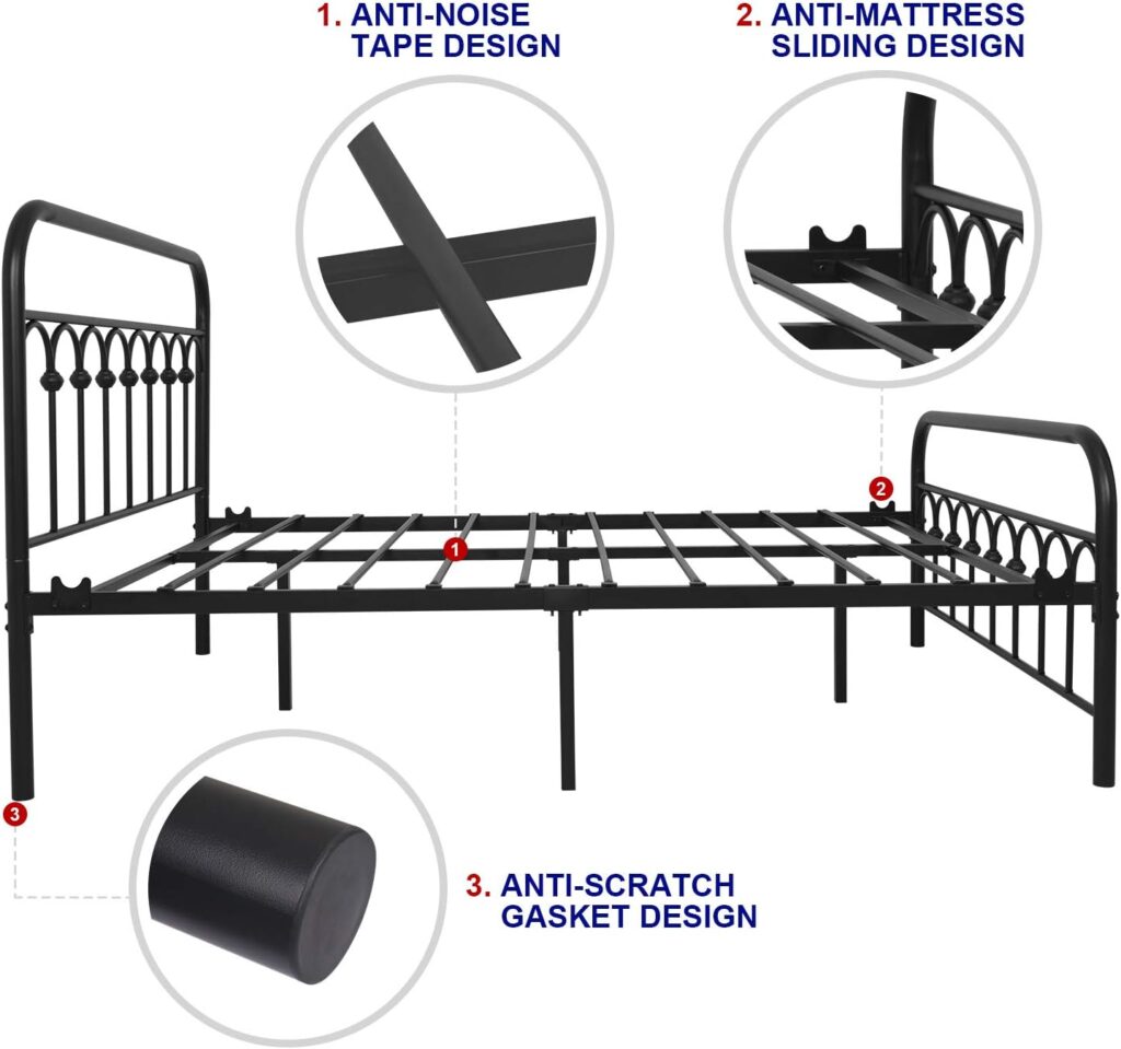 TUSEER Metal Bed Frame Queen Size with Vintage Headboard and Footboard Platform Base Wrought Iron Bed Frame (Queen,Black)