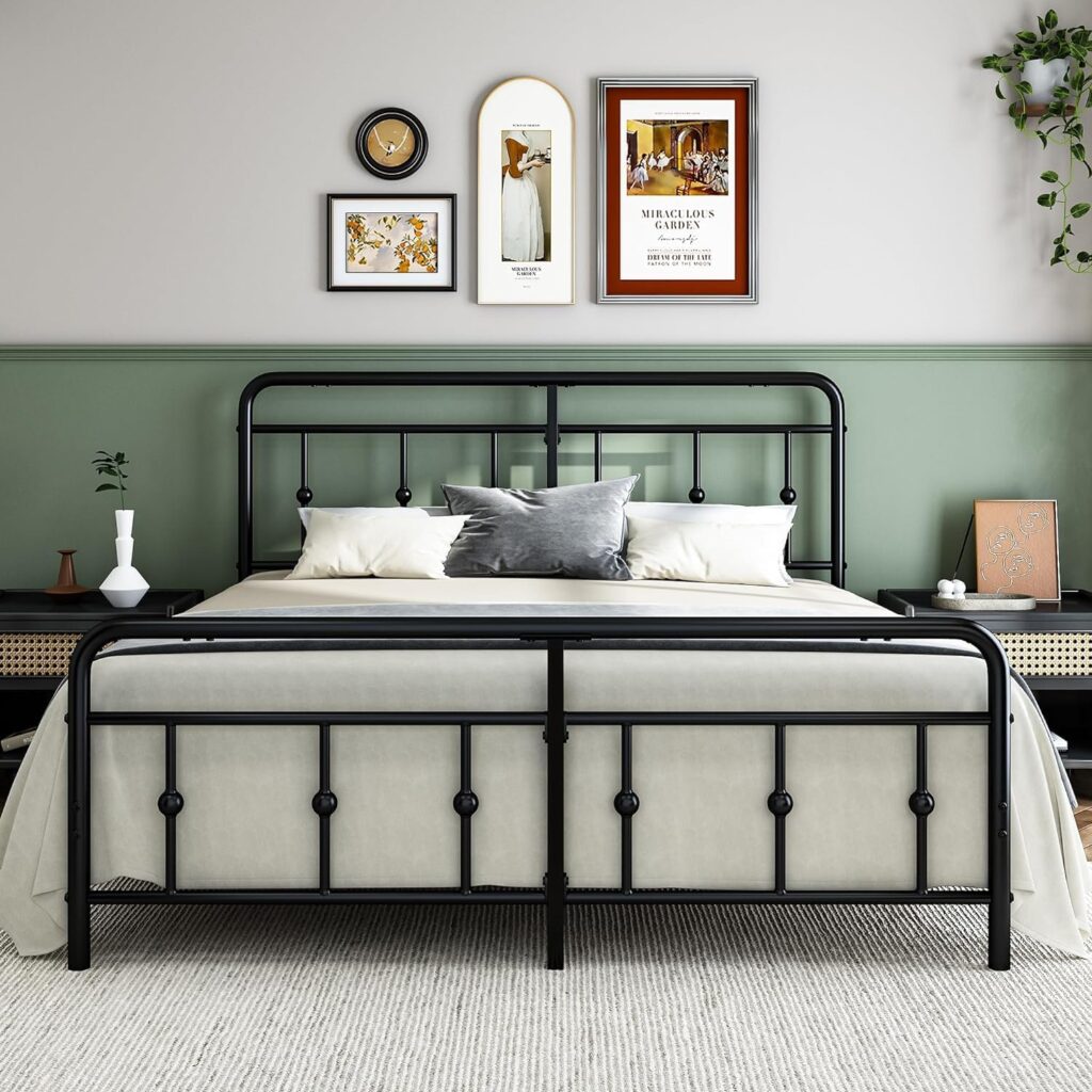 Catrimown Queen Size Metal Bed Frame with Headboard, Victorian Style, Wrought Iron Bed, Under Bed Storage, No Box Spring Needed, Noise Free, Heavy Duty Metal Bed, Black