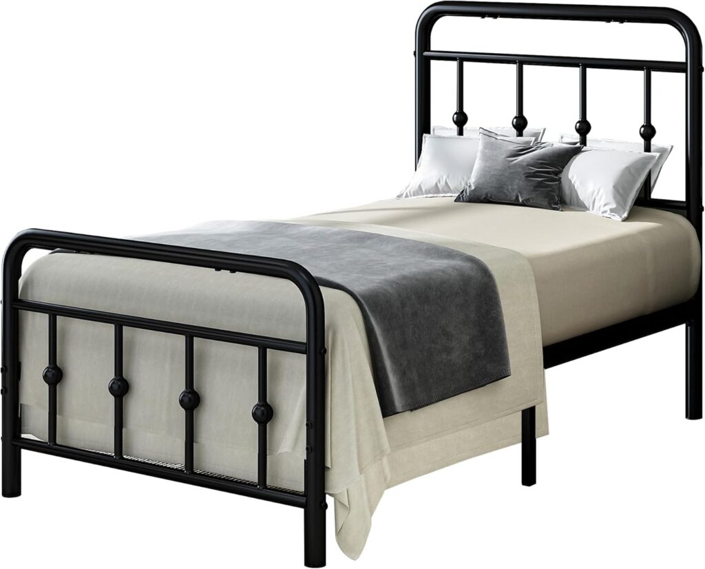 Catrimown Queen Size Metal Bed Frame with Headboard, Victorian Style, Wrought Iron Bed, Under Bed Storage, No Box Spring Needed, Noise Free, Heavy Duty Metal Bed, Black