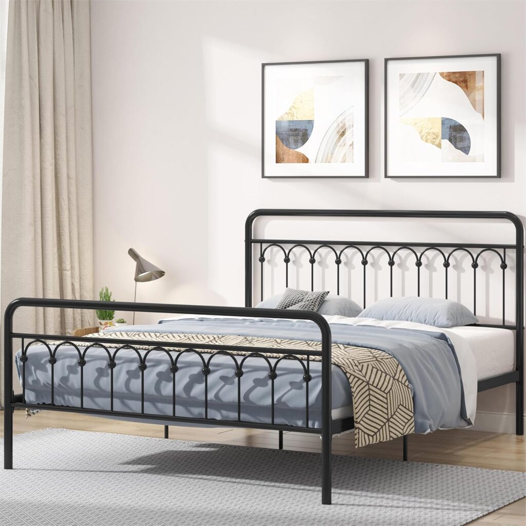 Dolonm Vintage Queen Metal Bed Frame with Headboard and Footboard Platform, Solid Metal Slat in Heavy Duty Wrought Iron Made, No Box Spring Needed, Antique Brown