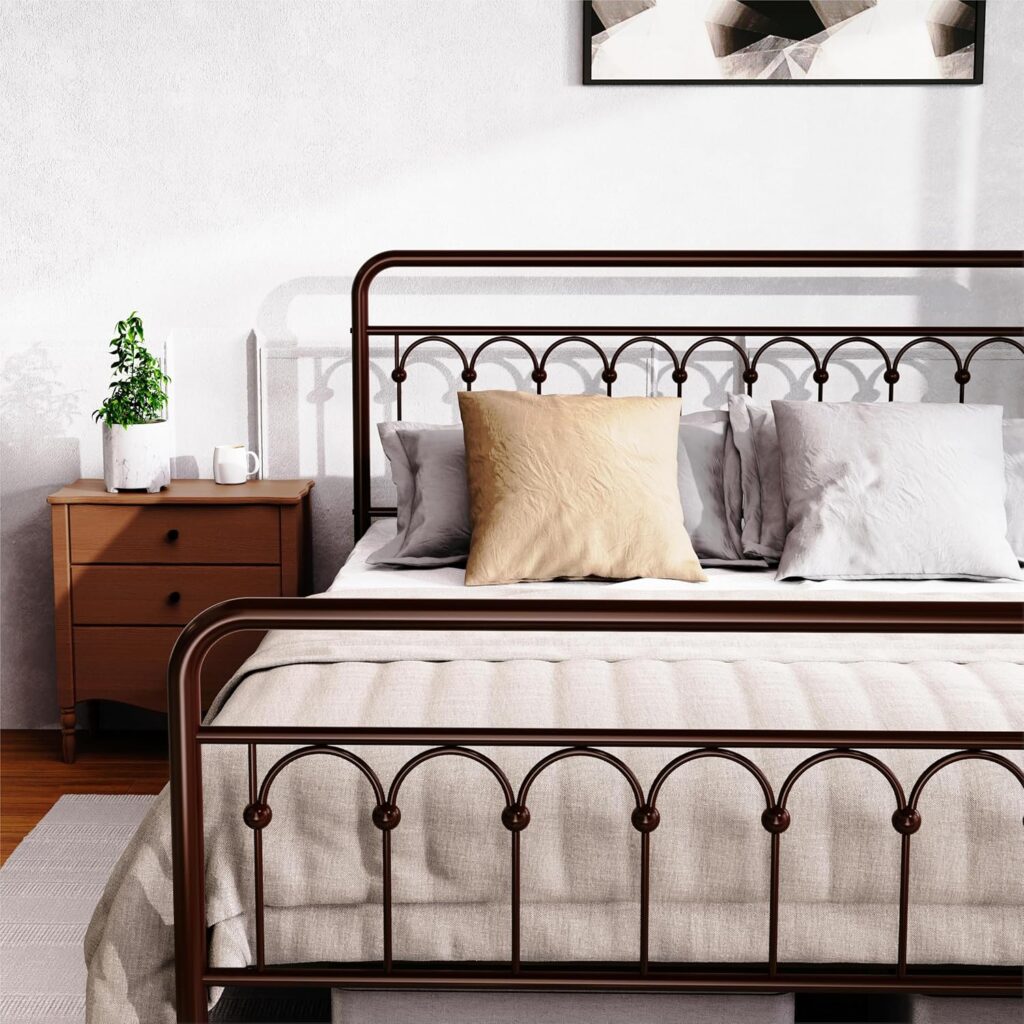 Dolonm Vintage Queen Metal Bed Frame with Headboard and Footboard Platform, Solid Metal Slat in Heavy Duty Wrought Iron Made, No Box Spring Needed, Antique Brown