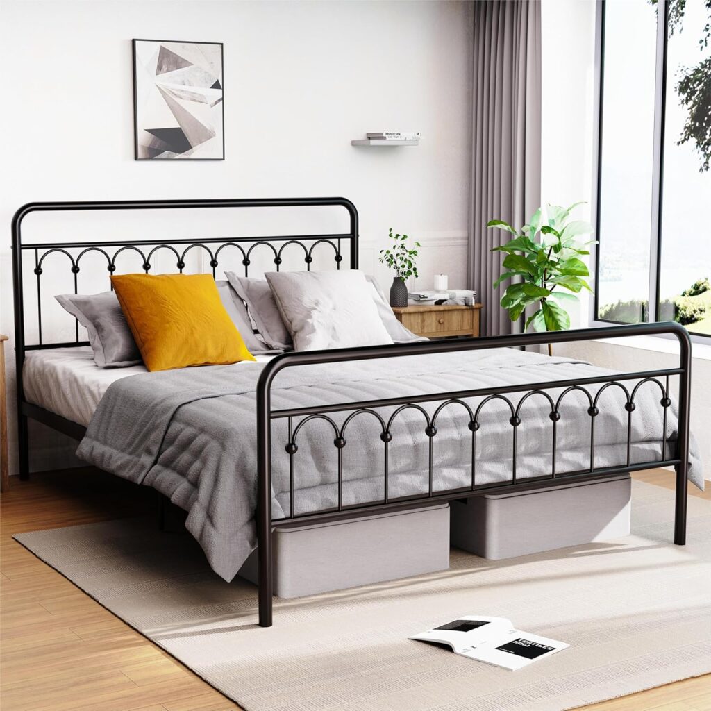 Dolonm Vintage Queen Metal Bed Frame with Headboard and Footboard Platform, Solid Metal Slat in Heavy Duty Wrought Iron Made, No Box Spring Needed, Antique Brown