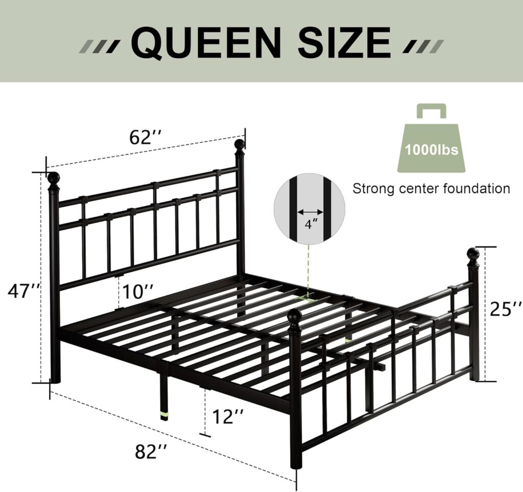 Feonase Queen Metal Platform Bed Frame with Victorian Classic Iron-Art Headboard  Footboard, Steel Slats Support, 12 Under Bed Storage, No Box Spring Needed, Noise-Free, Black