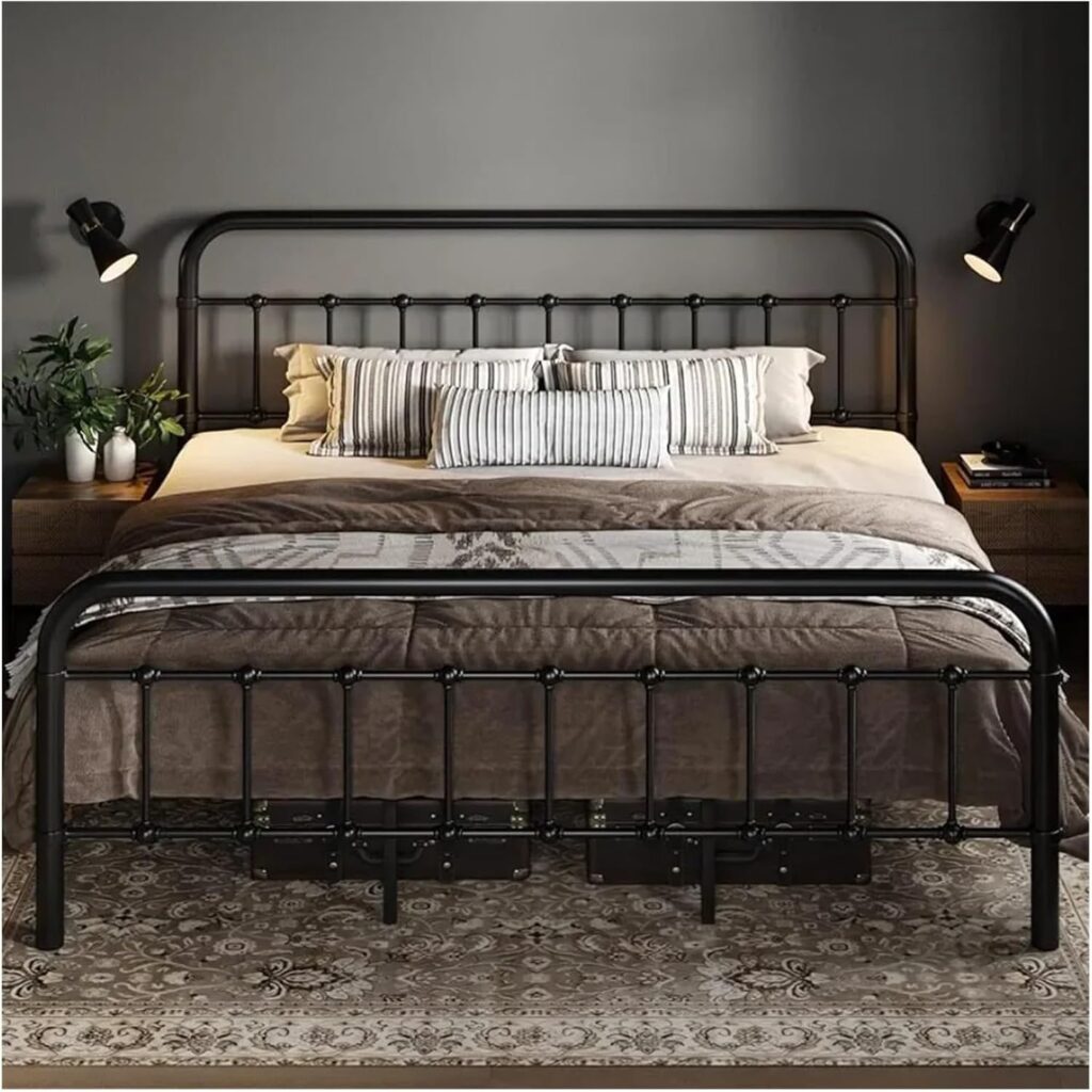 King Size Metal Platform Bed Frame with Style Wrought Iron-Art Headboard Footboard No Box Spring Required Black,beds, zqq-2574