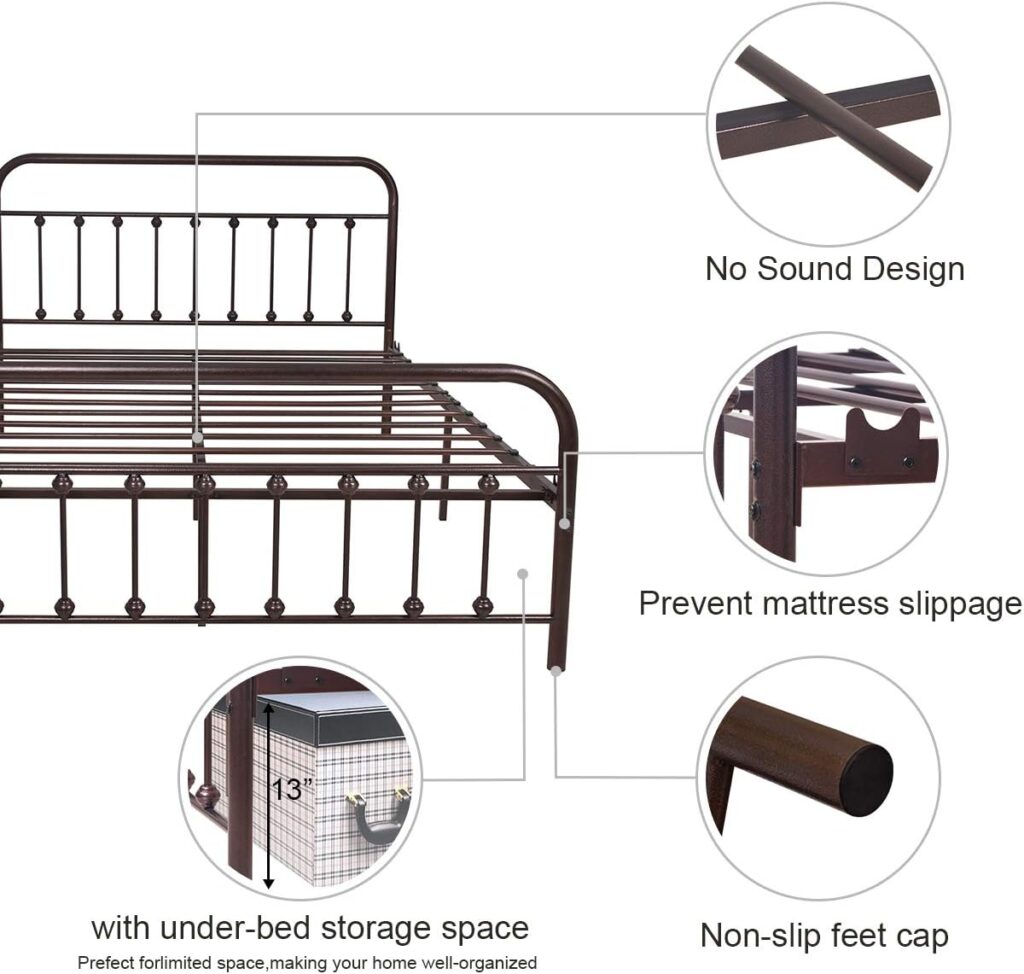 NACHTIMOOR Metal Bed Frame Queen Size Headboard and Footboard The Country Style Iron-Art Double Bed The Metal Structure, Antique Bronze Brown Baking Paint.Sturdy Metal Frame Premium Steel Slat Suppot