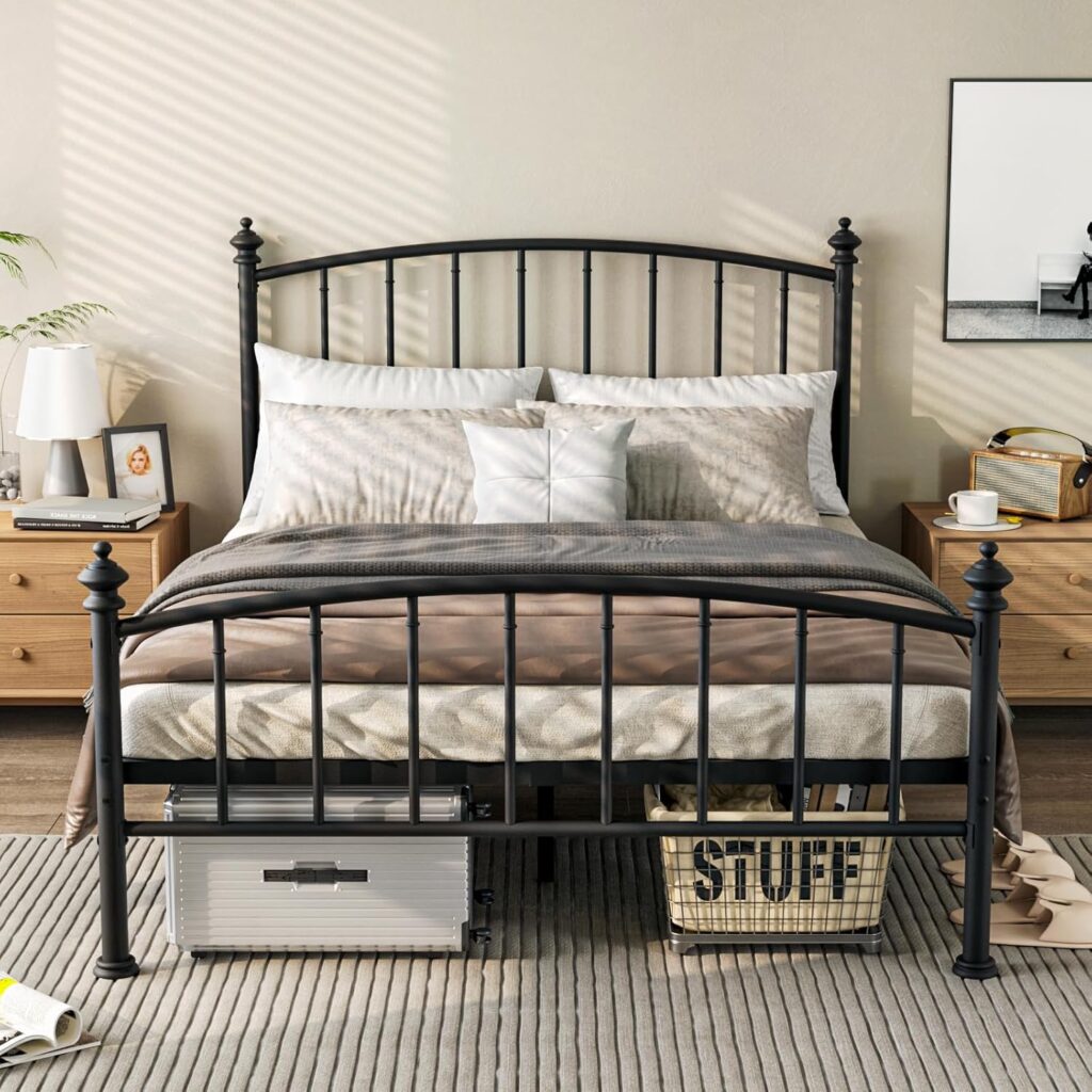 Queen Size Metal Platform Bed Frame, Victorian Wrought Iron-Art Design, Classic Black, Mattress Foundation with Headboard  Footboard, Under Bed Storage, No Box Spring Needed, Black