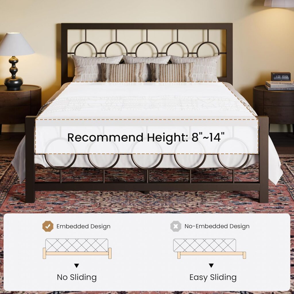 SHA CERLIN Queen Size Metal Bed Frame with Vintage Circular Design Headboard and Footboard,No Box Spring Required,Easy Assembly,Noise-Free,Brown