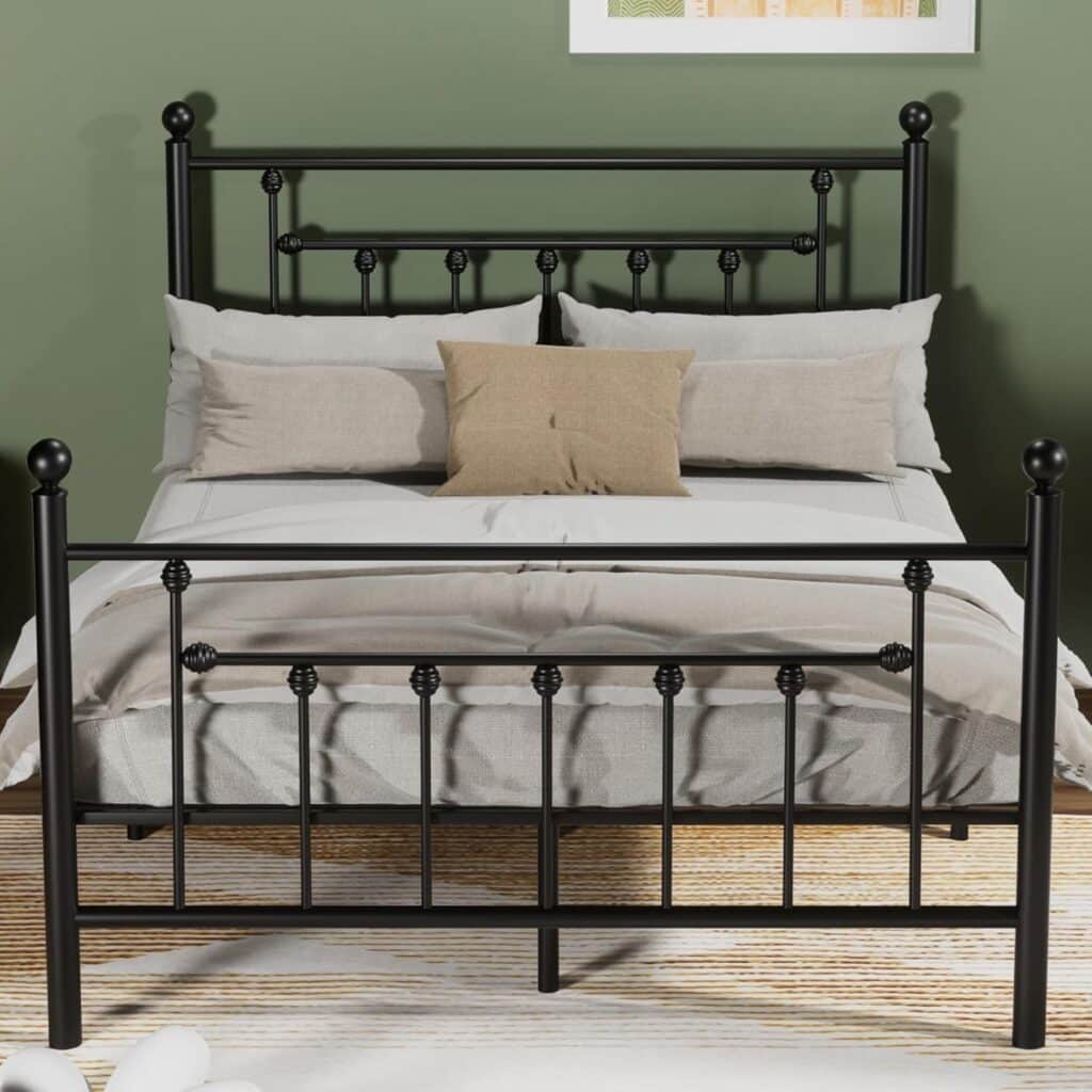 VECELO Queen Size Metal Platform Bed Frame with Headboard and Footboard, Heavy Duty Slat Support / No Box Spring Needed Mattress Foundation/ Underbed Storage Space, Victorian Style