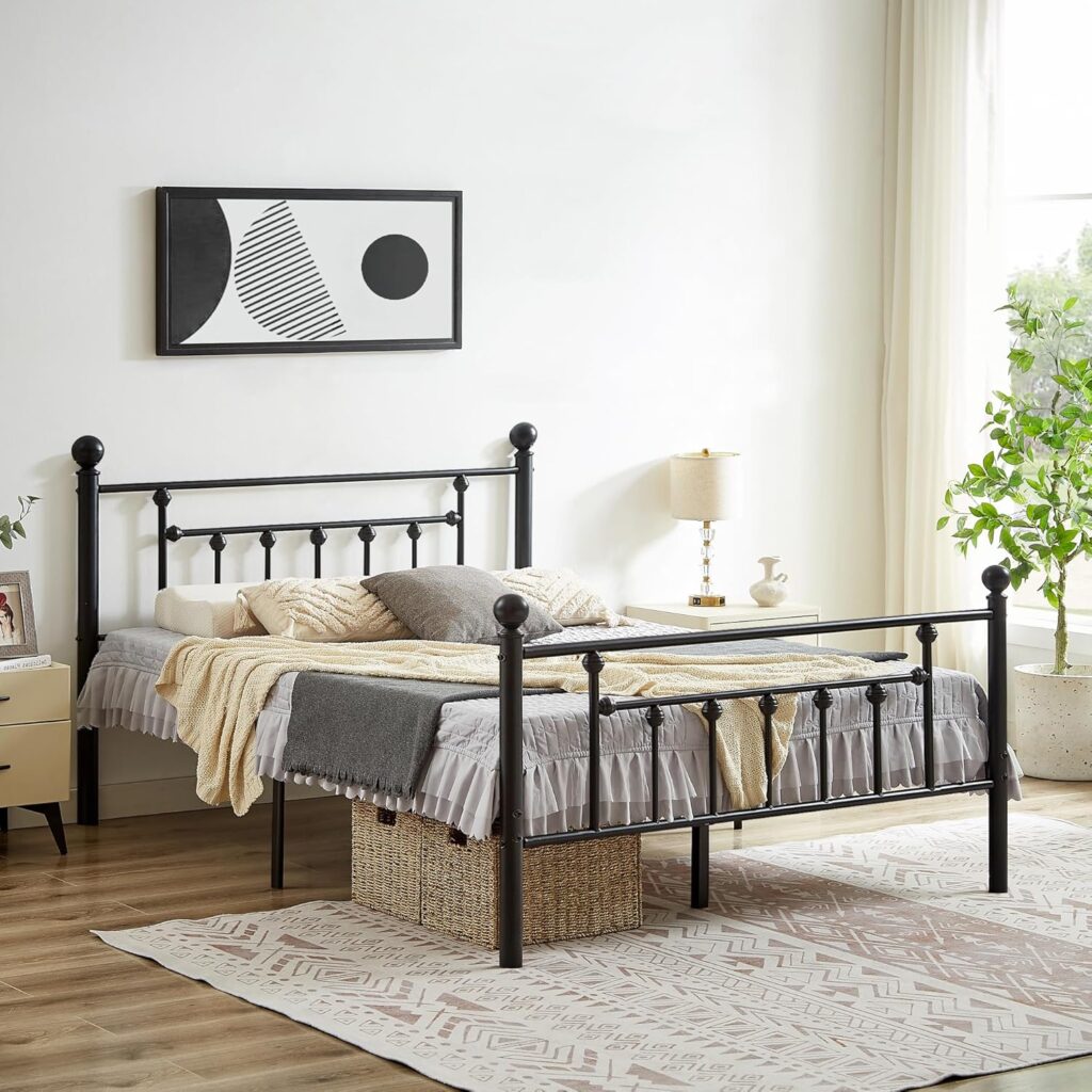 VECELO Queen Size Metal Platform Bed Frame with Headboard and Footboard, Heavy Duty Slat Support / No Box Spring Needed Mattress Foundation/ Underbed Storage Space, Victorian Style