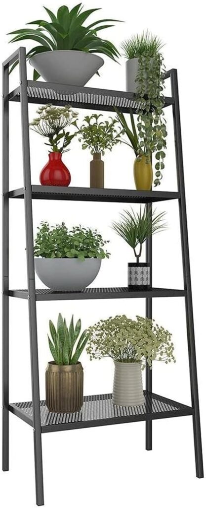 4-Tier Metal Ladder Shelf, Black Ladder Bookshelf Multifunctional Ladder-Shaped Plant Flower Stand Industrial Organizer Rack Storage Shelves for Living Room, Bedroom, Office
