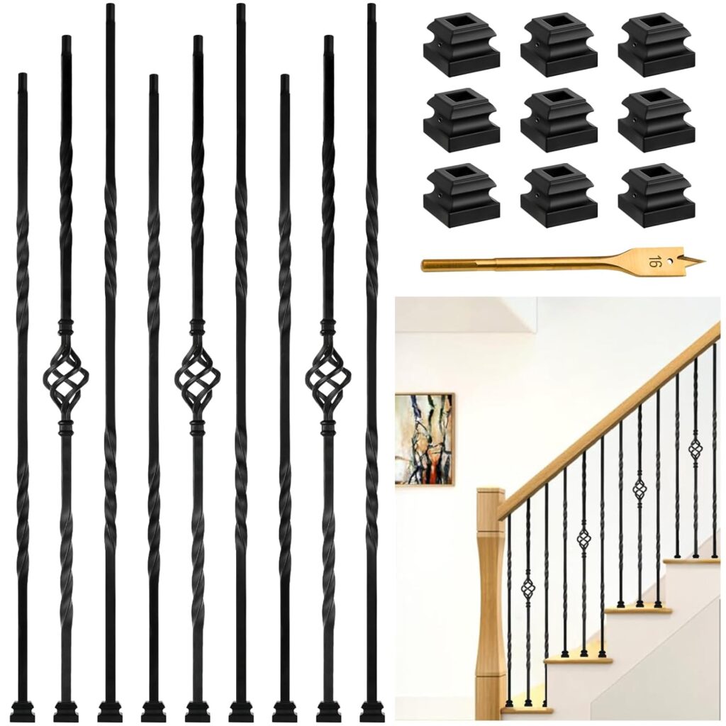 9Pack Iron Stair Balusters, 36 Balusters for Staircase Interior, Stair Spindles Hollow Single Basket with Knuckles Double Twist 1/2 Square Metal Stair Wrought Iron Balusters(Pre-Cutting)